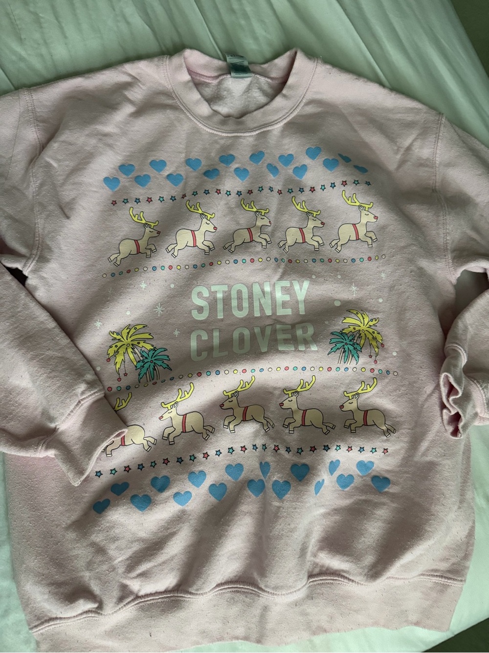 Stoney Clover Lane Pink Crewneck Sweatshirt with Blue Hearts & Yellow Accents